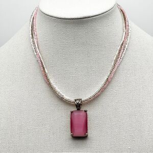 Vintage Pink Rectangular Glass Pendant on 4 Strand Seed Beaded Necklace 17”